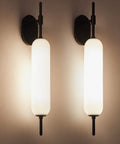 Black Milk Glass Wall Sconces Set Of 2 For Living Room Bedroom Hallway Mid Century Modern Style with Matte Black Canopy