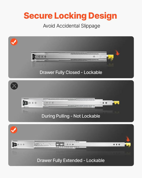 Diagram showing Heavy Duty 30 Inch Drawer Slides 250 Lb Capacity With Locking Ball Bearing Side Mounts in closed and open positions.