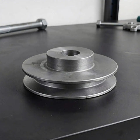 Single Groove V Belt Pulley 100mm OD Cast Iron With 19mm Fixed Bore And Keyway For Motor Drive Shaft on flat surface.