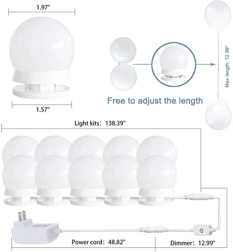 Hollywood Style LED Vanity Lights For Mirror With Dimmer And 12V Adapter Stick On Makeup Vanity Lighting Kit size details.