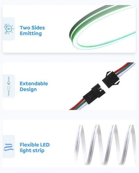16.4Ft LED Neon Rope Lights Addressable LED Strip Neon Sign Flexible Pixels Light RGB Lit Dream Color Rainbow WS2811 DC12V Waterproof shown with features like two sides emitting, extendable design, and flexible LED light strip details.