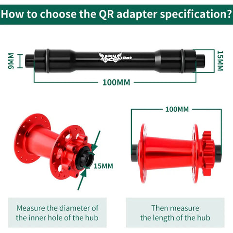 Diagram showing how to measure for a 12mm To 9mm Front Wheel Hub Adapter For 100mm Thru Axle Quick Release with dimensions labeled.