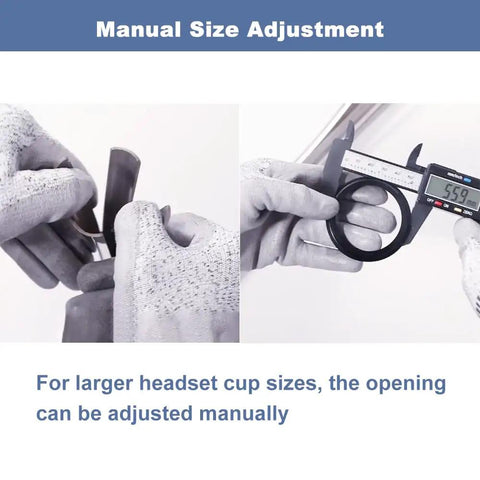 Heavy Duty Bike Headset Cup Remover Tool being manually adjusted for 1-1/8 to 1-1/2 inch bearings, with gloves for grip.
