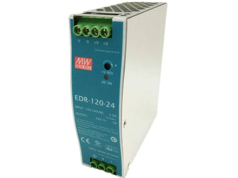 EDR-120-24 DIN Rail Power Supply 24V 5A 120W, Single Output, Tough Industrial Grade 24 Volt DC Converter For Control Panels, Wide 90-264VAC Input, Compact, Slick Plug-And-Play Reliability For Automation on DIN rail