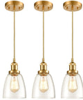 Gold Pendant Lights For Kitchen Island Three-Pack With Mini Bell Glass Shades, Industrial Brass Finish