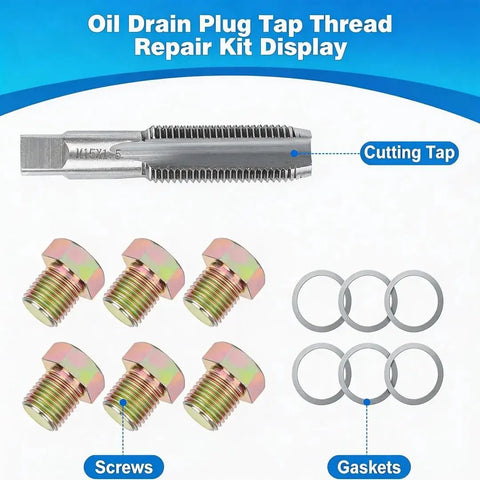 M15x1.5 Oil Drain Plug Thread Repair Tool Kit For Sump, Transmission, And Differential with tap, plugs, and washers displayed