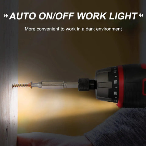 4V Cordless Screwdriver Kit With 44 Accessories, 5.65Nm Torque drilling wood with LED light in dark environment