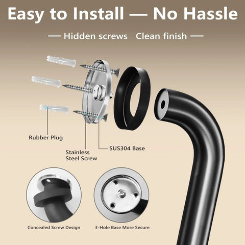 Diagram showing Rock Solid Heavy Duty Hand Rail components, including stainless steel screws and 3-hole base for secure installation.