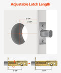 Adjustable latch diagram of Round Single Cylinder Deadbolt Lock With 3 Keys Keyed On One Side Fits Standard Doors From One And Three Eighths Inches To One And Three Fourths Inches Solid Metal Build Satin Nickel Finish Ideal Front Entry Security For Home Interior Or Exterior with 2-3/8 to 2-3/4 inch measurements.
