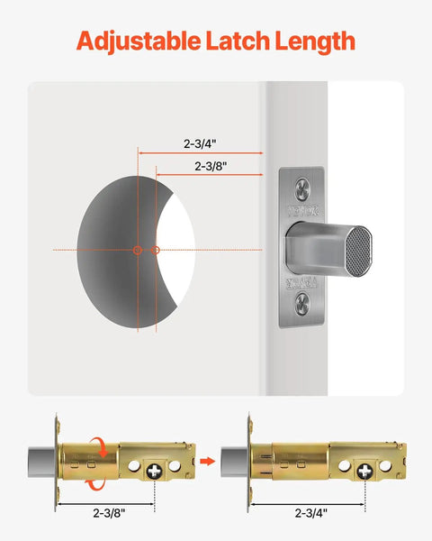 Adjustable latch diagram of Round Single Cylinder Deadbolt Lock With 3 Keys Keyed On One Side Fits Standard Doors From One And Three Eighths Inches To One And Three Fourths Inches Solid Metal Build Satin Nickel Finish Ideal Front Entry Security For Home Interior Or Exterior with 2-3/8 to 2-3/4 inch measurements.