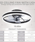Ceiling Fan With Lights And Remote Control, 56W Dimmable LED, 6 Speed Wind, Flush Mount Black Finish, dimensions shown in image