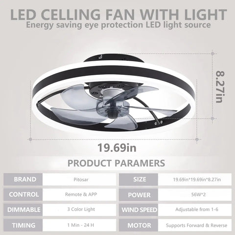 Ceiling Fan With Lights And Remote Control, 56W Dimmable LED, 6 Speed Wind, Flush Mount Black Finish, dimensions shown in image