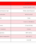 Detailed specifications table for Quick Response Chrome Fire Sprinkler Head One Half Inch Npt Fast Acting Glass Bulb 200 F.