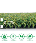 Close-up of Putting Green Golf Mat 6x10 Ft Indoor Outdoor Synthetic Grass Turf showing 0.47in thickness with features icons