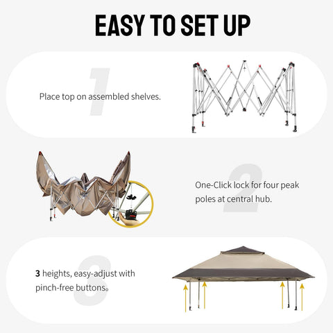 Easy Setup 13x13 Pop Up Gazebo With Wheeled STO-N-Go Cover Bag assembly steps showing frame and canopy adjustments.