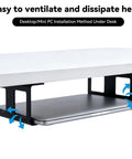 Super Rugged Under Desk Laptop Mount Handles Devices Up To 1.18 Inches Thick Includes Bracket Kit And Hardware For No Sweat Installation Provides Clean Sleek Workspace Finish In Black, showcasing laptop mounted under desk for ventilation.