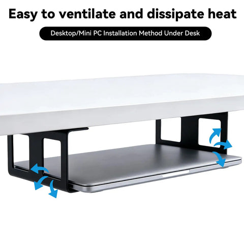 Super Rugged Under Desk Laptop Mount Handles Devices Up To 1.18 Inches Thick Includes Bracket Kit And Hardware For No Sweat Installation Provides Clean Sleek Workspace Finish In Black, showcasing laptop mounted under desk for ventilation.