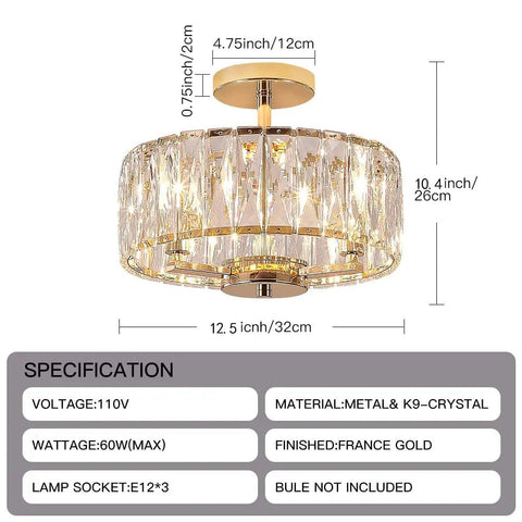 K9 Crystal Gold Chandelier Ceiling Light Three Light Modern Mini Crystal Semi Flush Mount Pendant Lamp With E12 Base dimensions