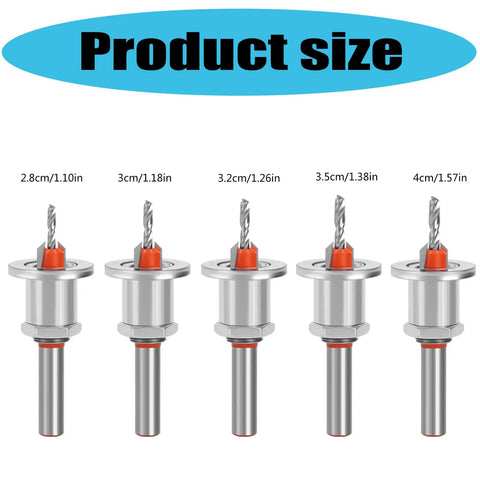 Five Pcs Multi Function Limit Taper Hole Countersink Drill Bits With Adjustable Depth Stop For Woodworking displayed in varying sizes.
