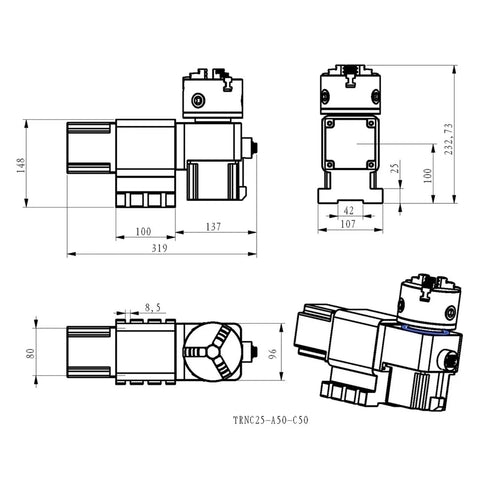 Genuine Aluminum Cnc Rotary 4th Axis Dividing Index Head technical drawing with dimensions for precise machining applications.