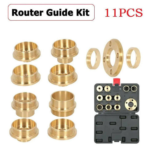 Beefed Up Brass Router Template Guide Bushing Kit With Lock Nut Adapter And Sturdy Bag For Knockout Dovetail Hinge Routing. 11-piece brass set.