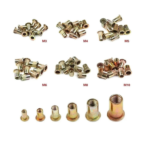Twenty Piece Flat Head Threaded Insert Nuts Set In M3 To M10 Sizes Made From Zinc Plated Carbon Steel With Knurled Body For Non Spinning Fastening And Strong Holding Power Perfect For All Your Riggy Jobs - Various sizes displayed.