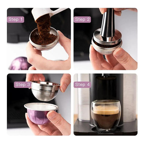 Collage showing steps to use Stainless Steel Refillable Coffee Pods For Nespresso Vertuo And Original Line Reusable Espresso Capsules