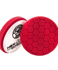 Two red pads from Hex-Logic Six Point Five Inch Buffing Pad Kit, Eight Piece Set With Pad Cleaner Included For Cars, Fits Large 6 Inch Dual Action Rotary And Large Throw Orbital Polishers, Durable Hook And Loop System For Polishing And Finishing
