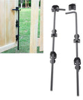 Beefy Heavy Duty 24 Inch Gate Drop Rod For Wood And Metal Fences Black Powder Coated Ground Latch With Mounting Screws Perfect For Locking Single Or Double Gates And Doors Against Wind And Pets, installed on wood gate