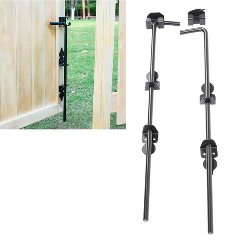 Beefy Heavy Duty 24 Inch Gate Drop Rod For Wood And Metal Fences Black Powder Coated Ground Latch With Mounting Screws Perfect For Locking Single Or Double Gates And Doors Against Wind And Pets, installed on wood gate