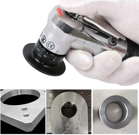 Mini pneumatic chamfering tool with replaceable blades for metal edge beveling; tool in hand with accessories
