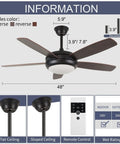 Diagram of a 48-inch Sleek Black Outdoor Ceiling Fan With Lights, Farmhouse Style, Remote Control, showing measurements and features.