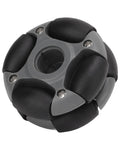 Nylon 360 degree robot wheel in black and gray for omni-directional mobility.