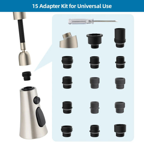 Brushed Nickel 3 Function Pull Down Faucet Spray Head Replacement Kit With 15 Adapters for major brand fitment displayed