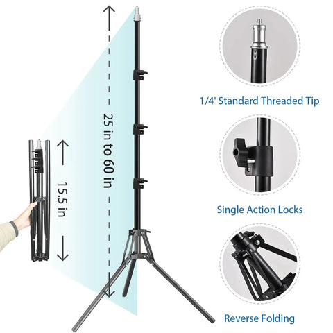 25 to 60 Inch tripod stand from 20 Inch Octagonal Softbox Lighting Kit With Dimmable 85W LED Bulb 3000K To 6500K Remote Control.