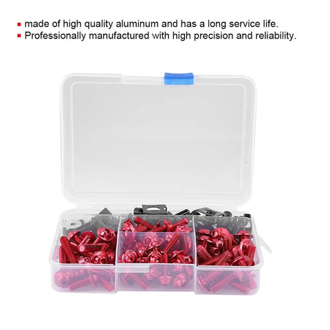 Sportbike Fairing Hardware Kit 177 Piece Aluminum Screws Set With M5 And M6 Sizes And Washers For Beefed Up Replacement On Yamaha Kawasaki Suzuki Ducati Riders Red Finish in box