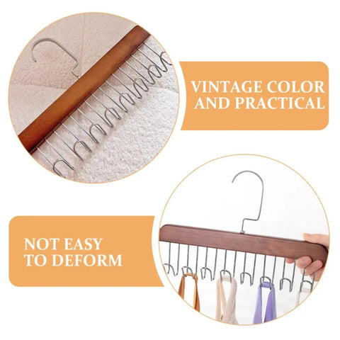 Solid Wooden Closet Organizer Dual Pack featuring eight smooth stainless steel hooks mounted with colorful scarves.