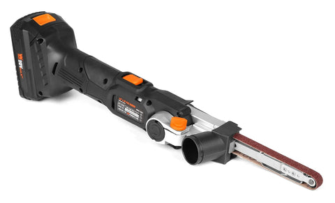 Cordless Detail File Sander With Variable Speed 1000 To 1600 FPM Auto Tracking Belt shown from side angle