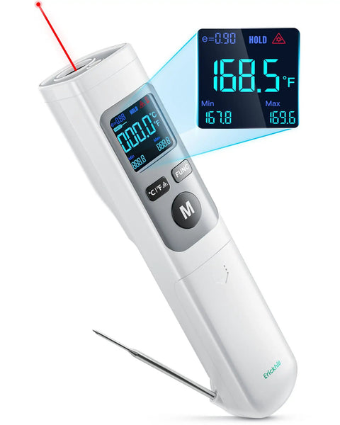 2-In-1 Infrared Thermometer Gun With Meat Probe Handy Digital Laser Temp Meter For Cooking And Grilling Surface And Internal Temperature BBQ Pizza Oven Griddle Grill HVAC displaying temperature on digital screen