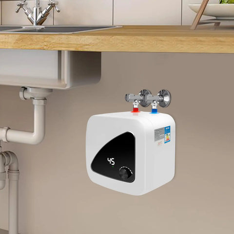 Solid Build Instant Electric Water Heater For Under Sink, 2.1 Gallon Compact Tankless Unit mounted under kitchen sink.