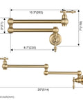 Gold Pot Filler Faucet Wall Mount Copper Folding Faucet With Two Handles And Double Joint Swing Arms technical dimensions