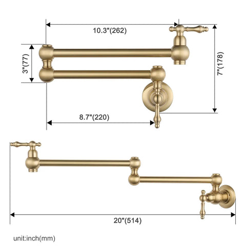 Gold Pot Filler Faucet Wall Mount Copper Folding Faucet With Two Handles And Double Joint Swing Arms technical dimensions