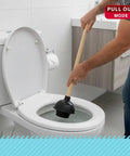 Heavy Duty Toilet Plunger Set 3 Pack With 18 Inch Wood Handle, Double Thrust Rubber Cup in use in bathroom setting