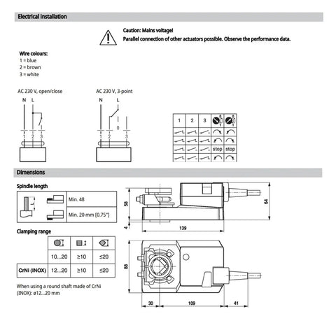 Technical diagram of Heavy Duty 20Nm Valve Actuator SM230AX Open Close Control 100-240V AC 90 Second Run Time
