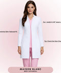 Woman wearing Womens Slim Fit Premium Lab Coat For Real Shifts With Tailored Princess Seams Contouring Darts Notched V Neck 33 Inch Length Back Vent Three Pockets OEKO-TEX Certified Fabric Size Large