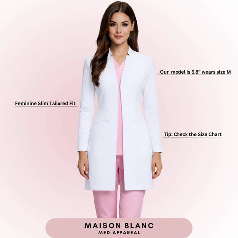 Woman wearing Womens Slim Fit Premium Lab Coat For Real Shifts With Tailored Princess Seams Contouring Darts Notched V Neck 33 Inch Length Back Vent Three Pockets OEKO-TEX Certified Fabric Size Large
