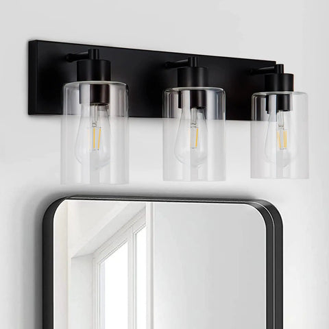 Three Light Matte Black Bathroom Vanity Light Fixture For Farmhouse Style Over Mirror With Clear Glass Shade E26 Base