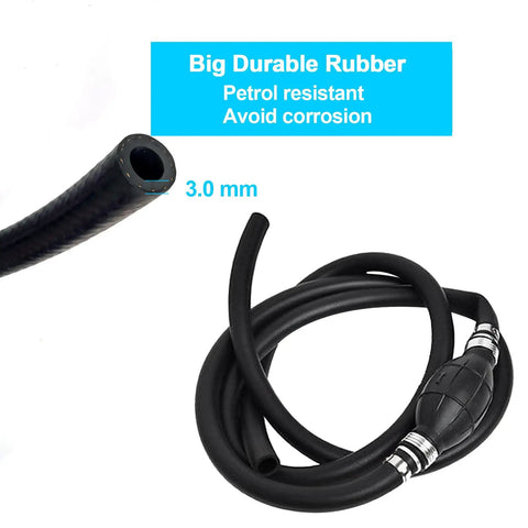 Six Ft Boat Fuel Line With Primer Bulb Nylon Braided Universal Three Eighths Inch Hose 10mm Inner Diameter For Marine Outboard Motors And RVs Includes Steel Clamps in coiled view with close-up insert.