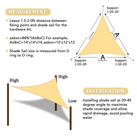 Installation guide for Triangle Sun Shade Sail 16 Foot By 16 Foot By 16 Foot Permeable Canopy with measurement tips.