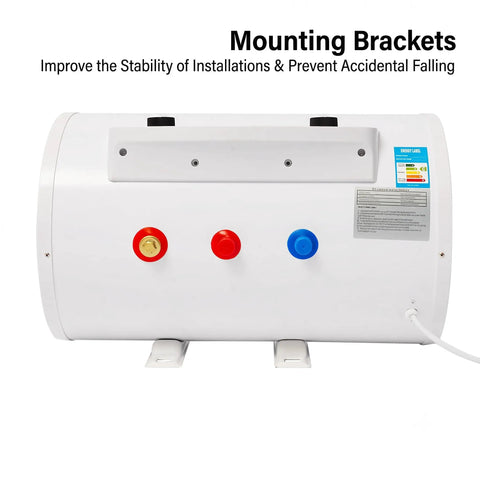 35 Liter Electric Water Heater 9 Point 25 Gallon Roomy Tank 1500 Watt with mounting brackets and connection ports.